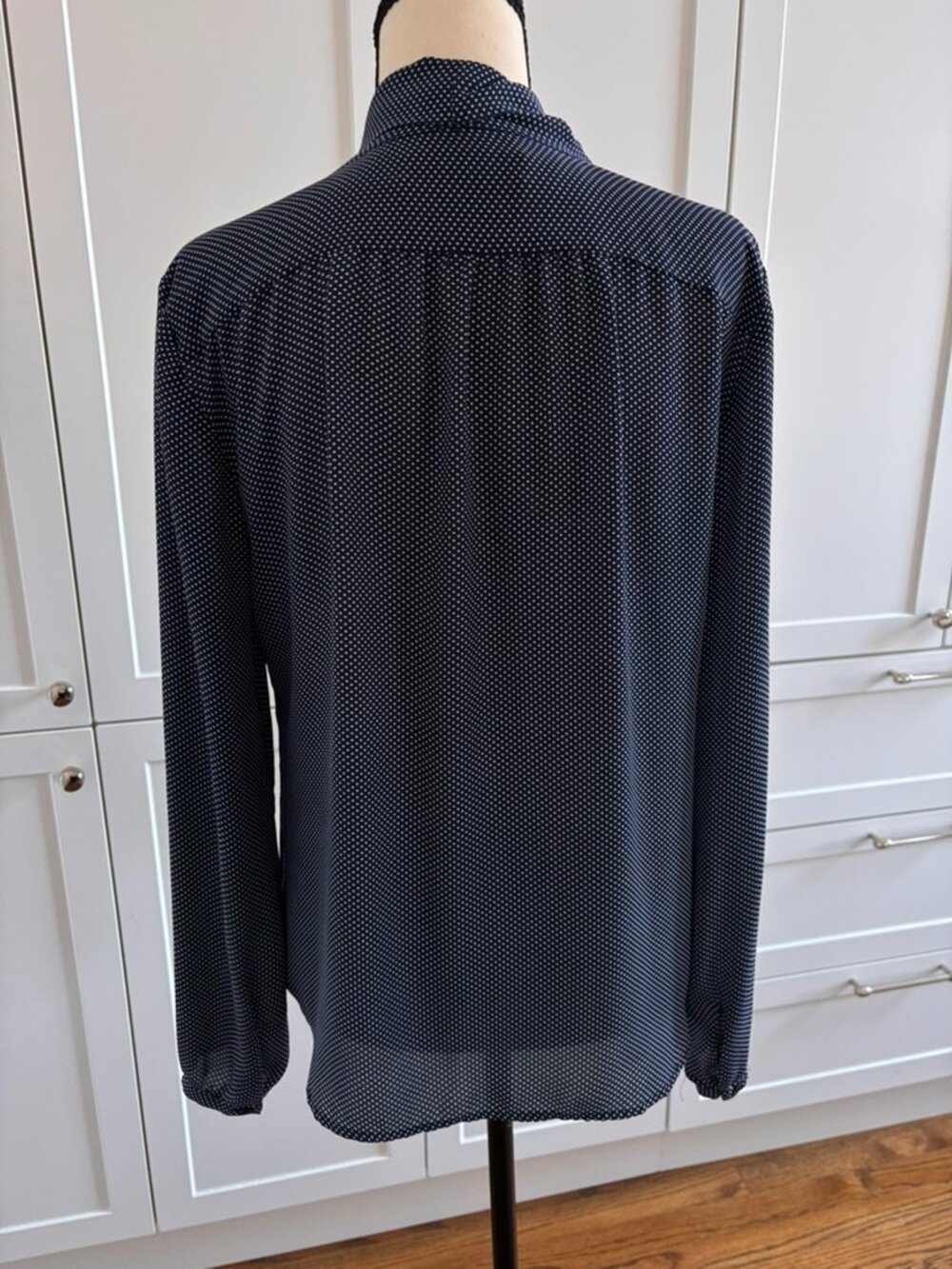 LOFT Navy Polka Dot Tie-Neck Blouse | Size S | Long Sleeve | Swing Silhouette - Picture 5 of 7